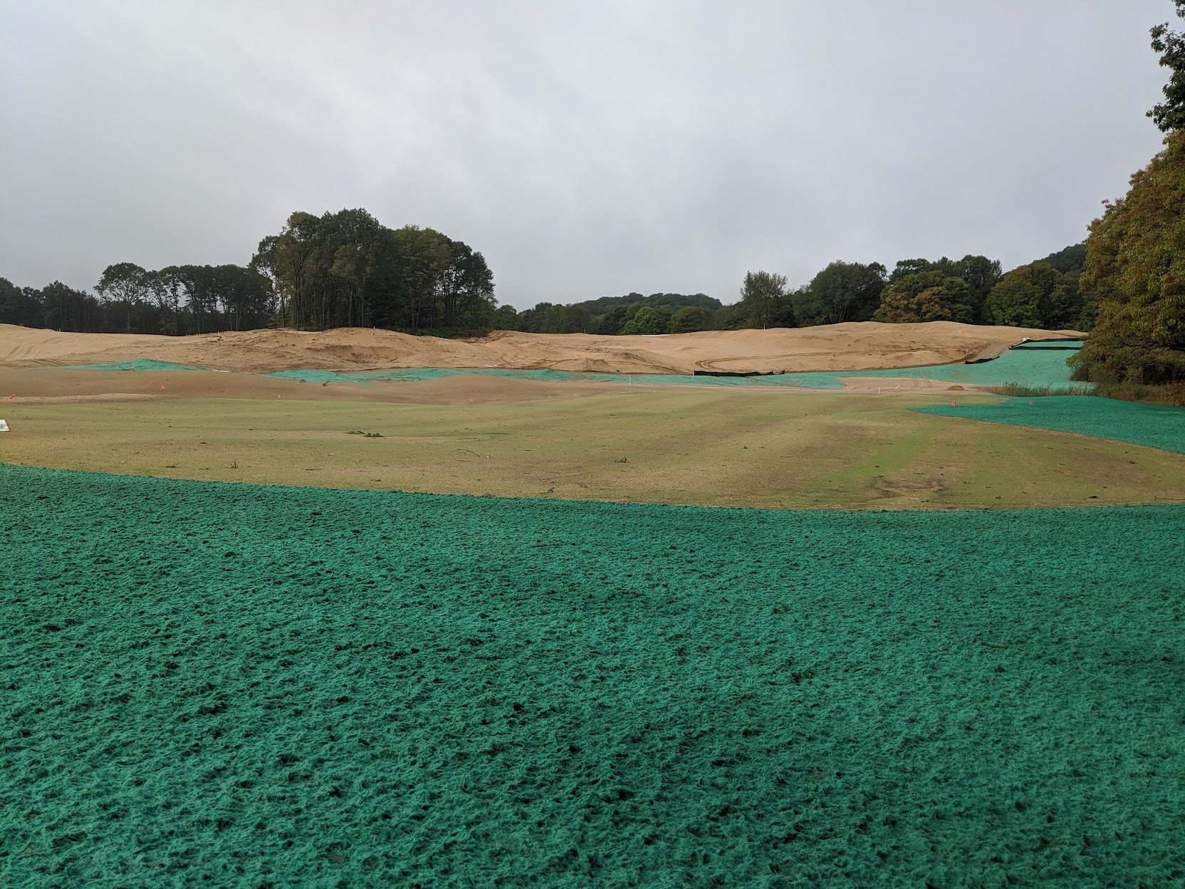 Fairway covered with green hydromulch during turf establishment at American Dunes