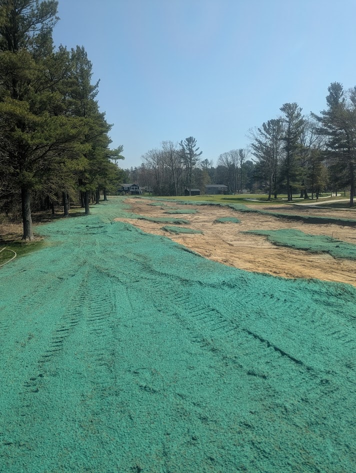 Hydromulched cart path lined with pines near the clubhouse at American Dunes