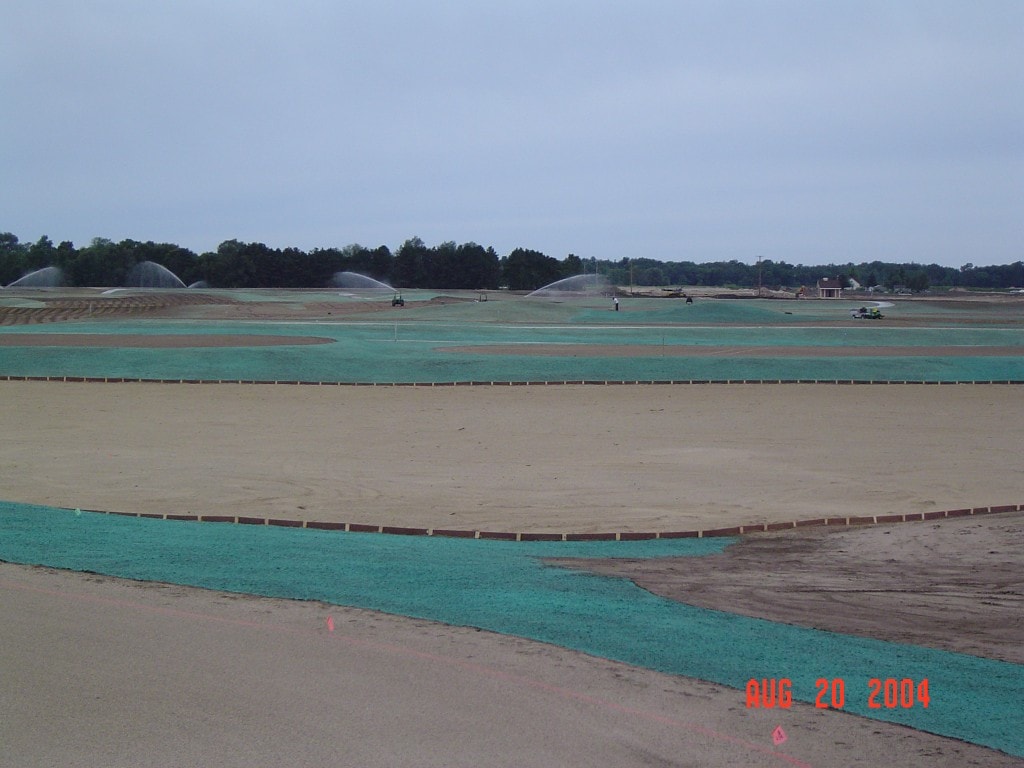 Macatawa Legends golf course hydroseeding with irrigation sprinklers