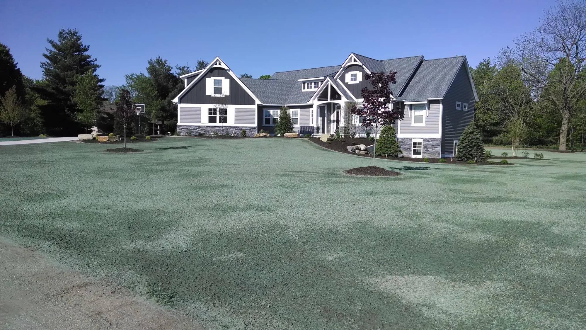 Professional hydroseeding application on a West Michigan property